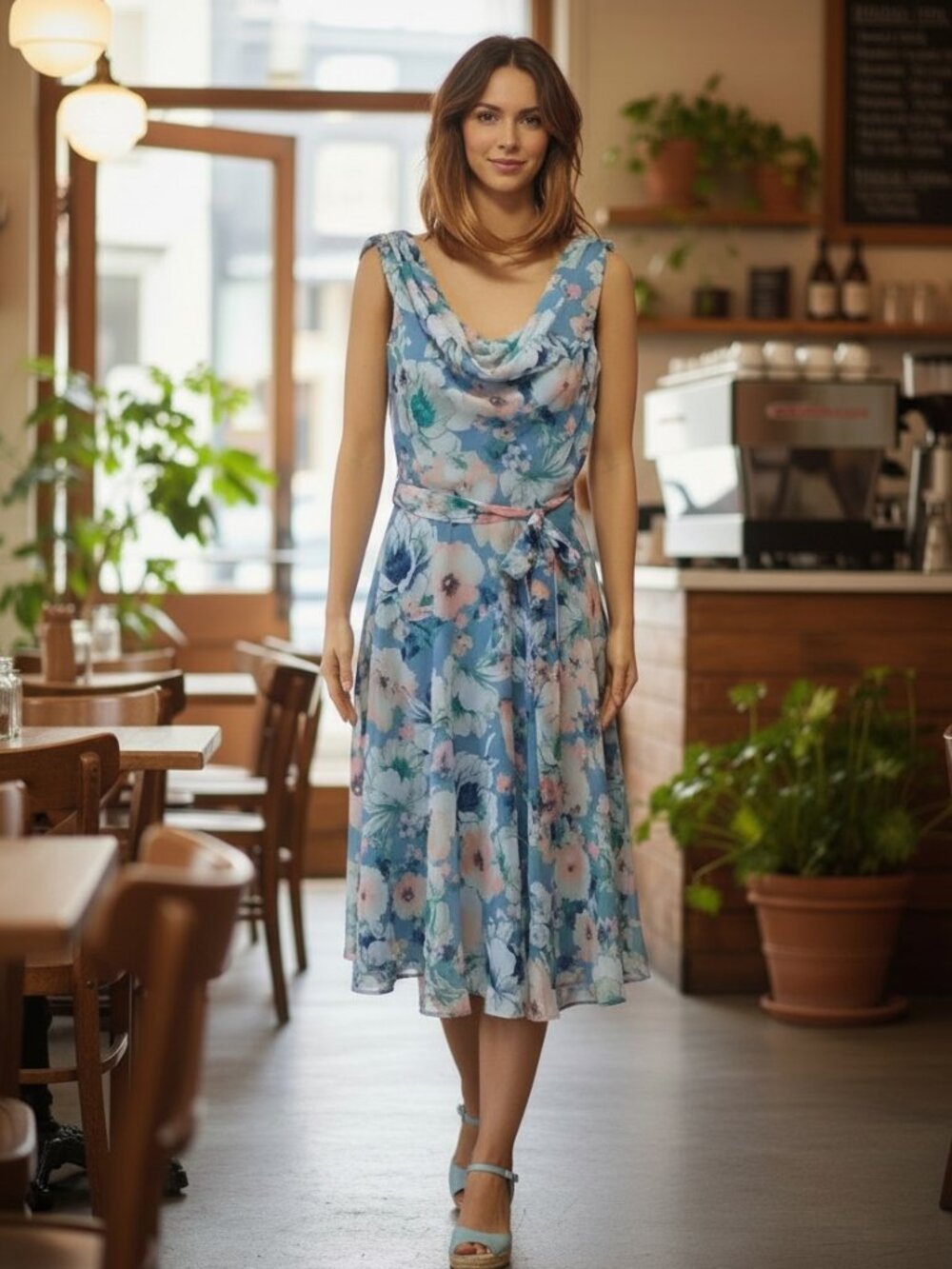 JBS Floral Dress Blue Peach Abstract Sleeveless Flounce Neckline Midi Size 4 NWT